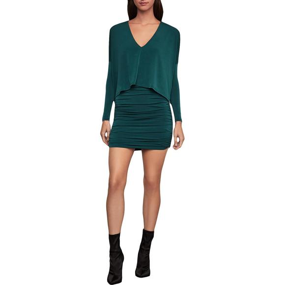 BCBGMAXAZRIA Womens Green Gathered Popover Cocktail Mini Dress Imperfections - Picture 1 of 5